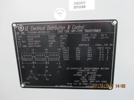 2500 KVA General Electric Cast Coil Transformer