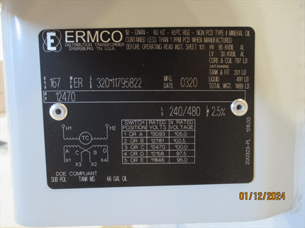 167 KVA ERMCO Pole Mount Transformer